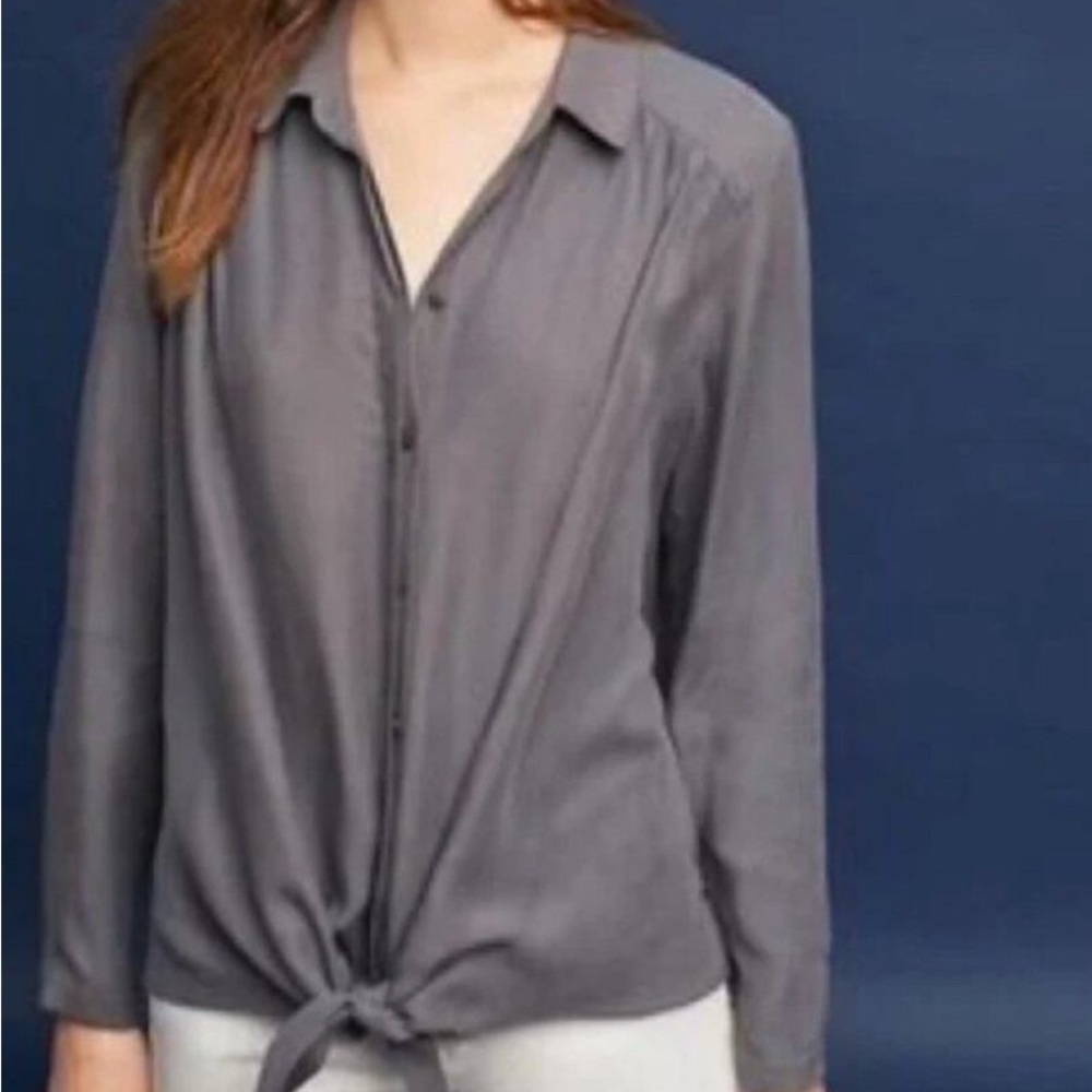 Maeve Gray Long Sleeve Tie Front Button Down Shirt
